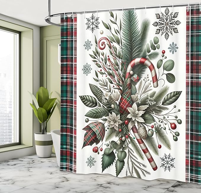 Ambesonne Christmas Shower Curtain, Plaid Laces and Xmas Traditional Ornate with Pine Leaves and Candies, Cloth Fabric Bathroom Decor Set with Hooks, 69" W x 70" L, Vermilion Beige Green