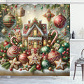 Ambesonne Christmas Shower Curtain, Gingerbread House with Jumble Xmas Ornaments with Snowy Details, Cloth Fabric Bathroom Decor Set with Hooks, 69" W x 84" L, Green Brown and Dark Pink