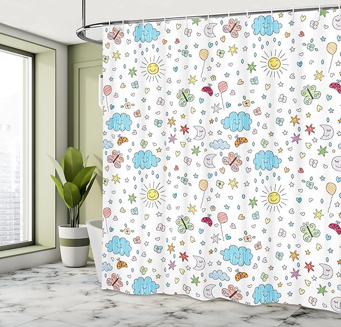 Ambesonne Retro Shower Curtain, Smiling Sun Moon Stars Clouds Flowers Butterflies Ladybugs Heart Shapes Art, Cloth Fabric Bathroom Decor Set with Hooks, 69" W x 84" L, Yellow Blue