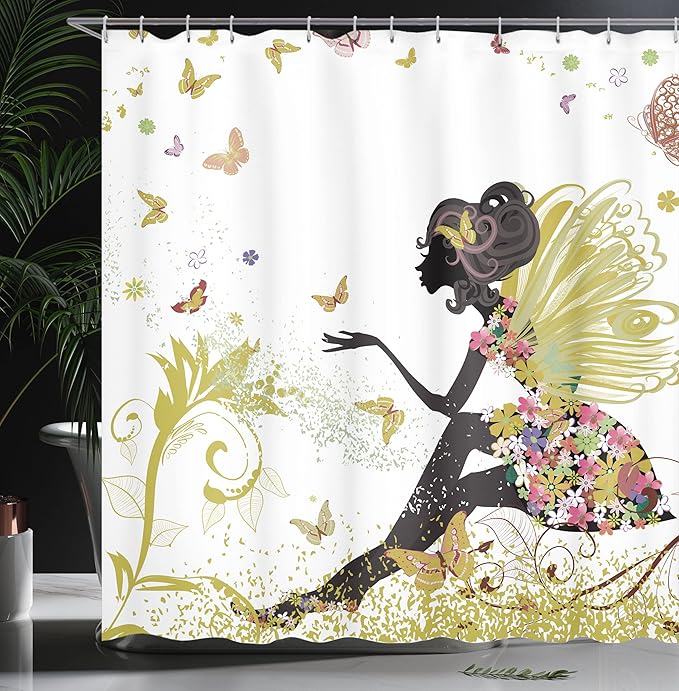 Ambesonne Fantasy Shower Curtain, Spring Girl Wings in a Floral Dress Surreal Garden Butterflies Print, Cloth Fabric Bathroom Decor Set with Hooks, 69" W x 70" L, Pale Earth