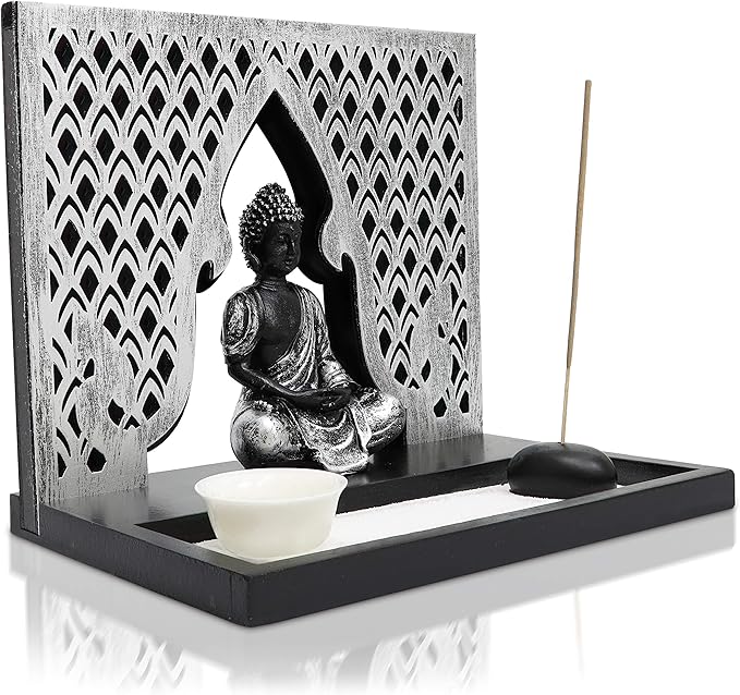 Zen Garden Candle Holder Home Decor - Buddha Incense Stick Holder Office Desk Accessories - Zen Garden Sand Office Decor - Buddha Statue Table Top - 12" x 12"