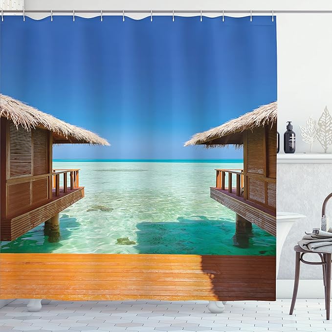 Ambesonne Beach Shower Curtain, Water Bungalows on Tropical Maldives Island Nature Landscape Journey, Cloth Fabric Bathroom Decor Set with Hooks, 69" W x 70" L, Orange Blue Pale Brown