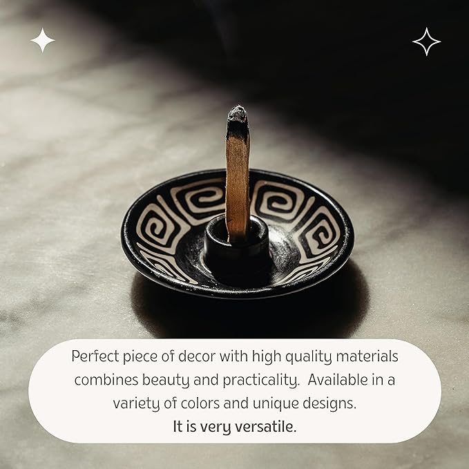 Palo Santo Holder with 5 Sticks - Luna Sundara Handmade Ceramic Incense Burner - Black & White Maze Chulucanas Pottery from Peru - Smudge Bowl for Sage - Aromatherapy Gift Set