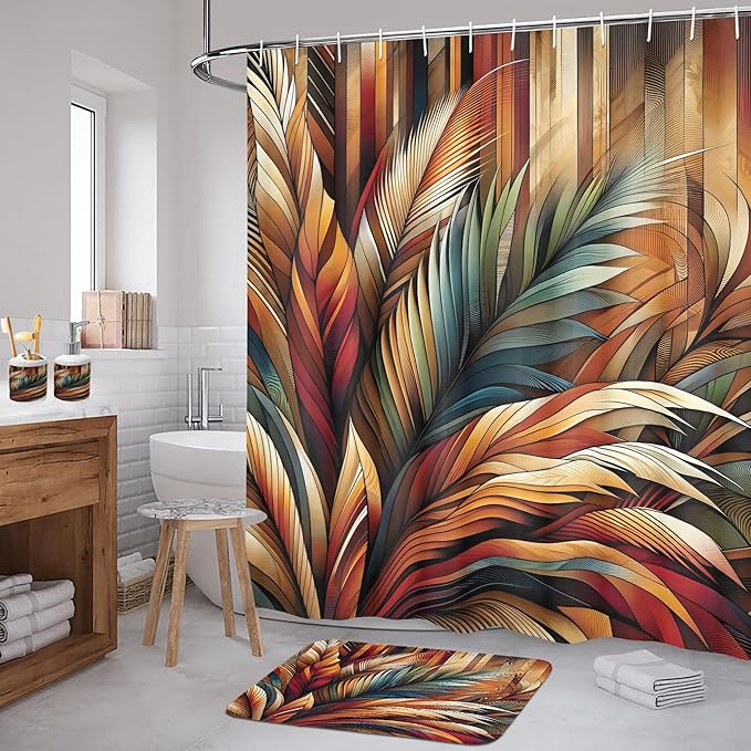 Ambesonne Aesthetic Bathroom Decor Set 4 Pcs Including Shower Curtain with Hooks Bath Mat Soap Dispenser Toothbrush Holder in Box Essentials & Accessories, Boho Rustic Leaves, Burnt Orange Teal Blue