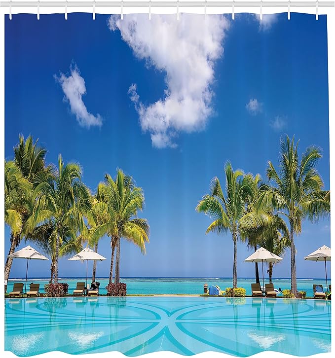 Ambesonne Coastal Shower Curtain, Tropical Beach in Mauritius Swimming Pool and Sunbeds with Coconut Palm Trees, Cloth Fabric Bathroom Decor Set with Hooks, 69" W x 70" L, Green Aqua