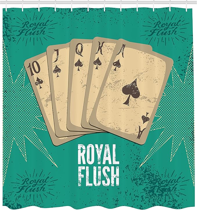 Ambesonne Vintage Shower Curtain, Retro Casino Poster Print Royal Flush with Game Cards Lucky Joker Hobby Image, Cloth Fabric Bathroom Decor Set with Hooks, 69" W x 84" L, Green Beige