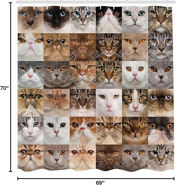 Ambesonne Cat Lover Shower Curtain, Collage of Cat Heads Breed British Shorthair Chartreux Turkish Angora, Cloth Fabric Bathroom Decor Set with Hooks, 69" W x 70" L, Brown White
