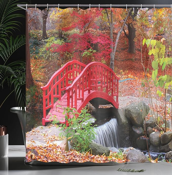 Ambesonne Japanese Shower Curtain, Garden with Oak Colored Little Bridge Nature in November October Fall, Cloth Fabric Bathroom Decor Set with Hooks, 69" W x 70" L, Orange Red