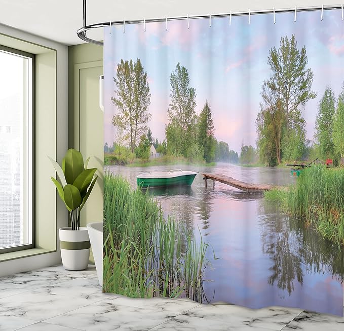 Ambesonne Landscape Shower Curtain, Rural Landscape Lakeside Boat Trees Grass Clouds and Boardwalk Countryside, Cloth Fabric Bathroom Decor Set with Hooks, 69" W x 75" L, Brown Green
