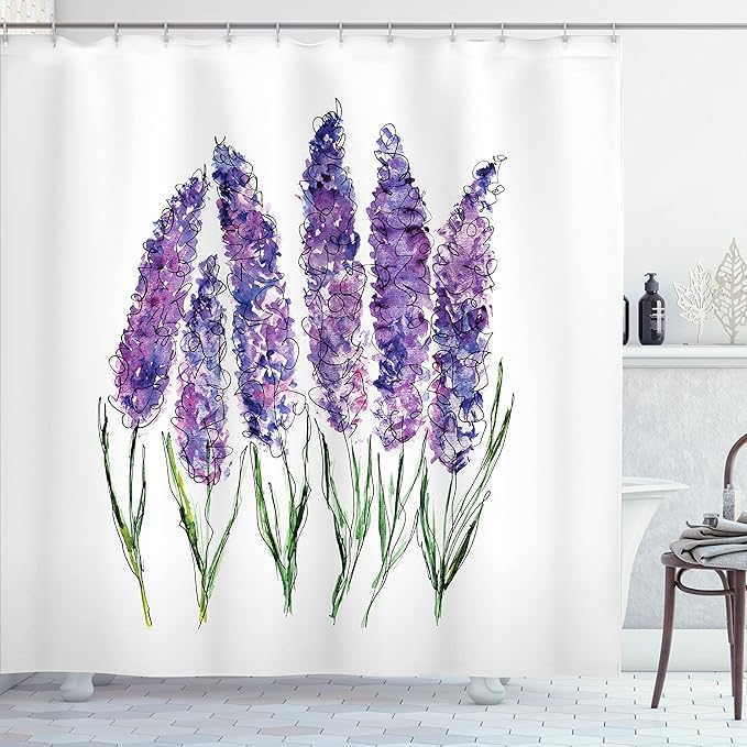 Ambesonne Watercolor Flower Shower Curtain,an Illustration of Lavender Blossoms with Fresh Colors of a Mint Family Plant Work of Art, Cloth Fabric Bathroom Set with Hooks, 69" W x 70" L, Violet White