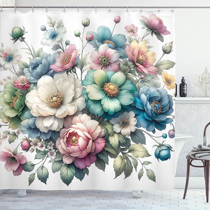 Ambesonne Floral Shower Curtain, Whimsical Cottagecore Colorful Peony Flowers Arrange on Plain Backdrop, Cloth Fabric Bathroom Decor Set with Hooks, 69" W x 70" L, Coconut Teal Multicolor