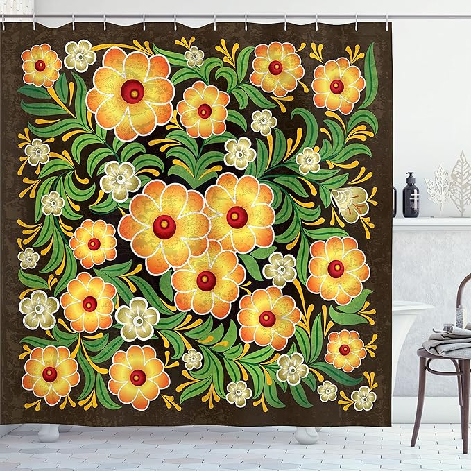 Ambesonne Antique Shower Curtain, Spring Flowers Blooms Leaves Pattern Floral Antique Nature Theme Art Print, Cloth Fabric Bathroom Decor Set with Hooks, 69" W x 70" L, Brown Yellow Green
