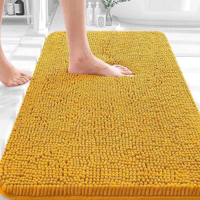 OLANLY Bathroom Rugs 30x18, Extra Soft Absorbent Chenille Bath Rugs, Rubber Backing Quick Dry, Machine Washable Bath Mats for Bathroom Floor, Tub and Shower, Home Decor Accessories, Golden Yellow