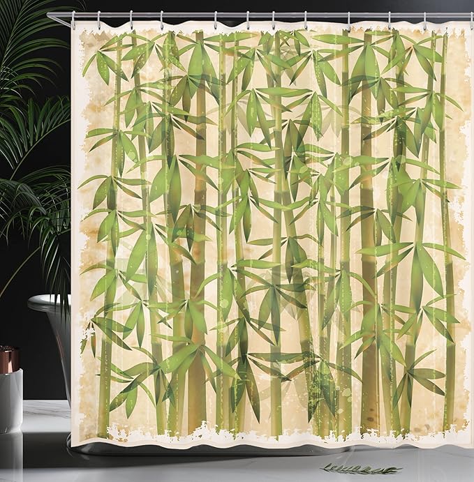 Ambesonne Asian Themed Shower Curtain, Modern Illustration Japanese Woodland Reeds on a Vintage Background Art, Cloth Fabric Bathroom Decor Set with Hooks, 69" W x 75" L, Cream and Green