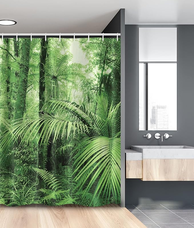 Ambesonne Rainforest Stall Shower Curtain, Palm Trees and Exotic Plants in Tropical Jungle Wild Nature Theme Illustration, Fabric Bathroom Decor Set with Hooks, 54" W X 78" L, Green Forest