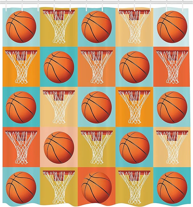 Ambesonne Sports Shower Curtain, Basketball Pattern Equipment NBA Theme Abstract Checked Illustration, Cloth Fabric Bathroom Decor Set with Hooks, 69" W x 70" L, Pale Blue Orange Red