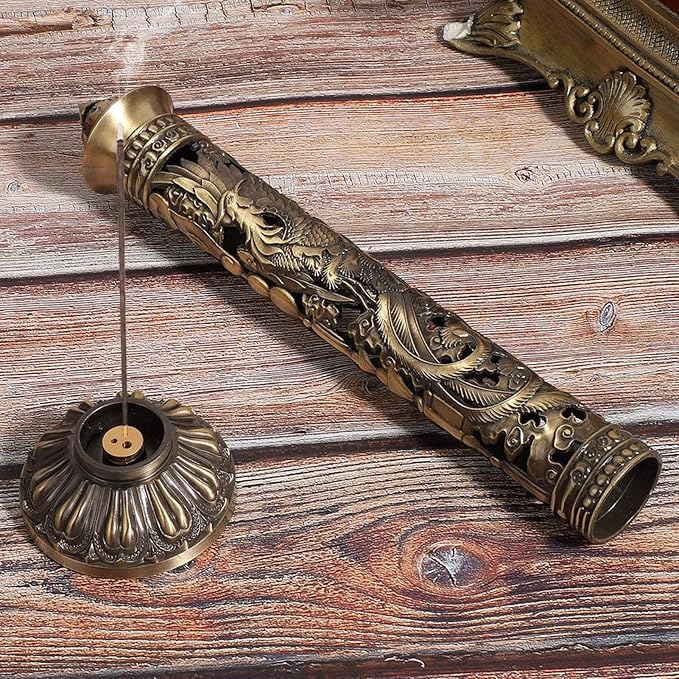 Vertical Incense, Retro Incense Tower Holder Brass Stick Incense Holder Incense with Dragon Phoenix Pattern for Home Office Yoga Meditation, 8.5x7cm/3.3x2.8in
