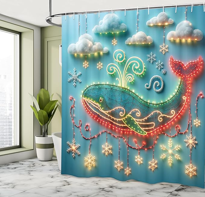 Ambesonne Christmas Shower Curtain, Merry Xmas Theme with Realistic Motifs Print Whale and Clouds, Cloth Fabric Bathroom Decor Set with Hooks, 69" W x 84" L, Cream Sea Blue and Vermilion
