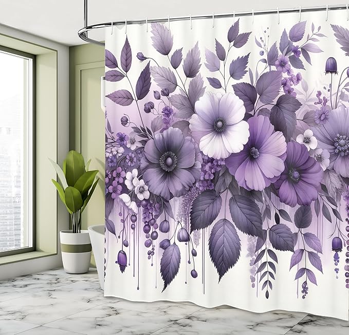 Ambesonne Purple Shower Curtain, Cascade Leafy Floral Huddle with Dreamy Aura Celestial Jungle Art Boho, Cloth Fabric Bathroom Decor Set with Hooks, 69" W x 75" L, Mauve Indigo and White
