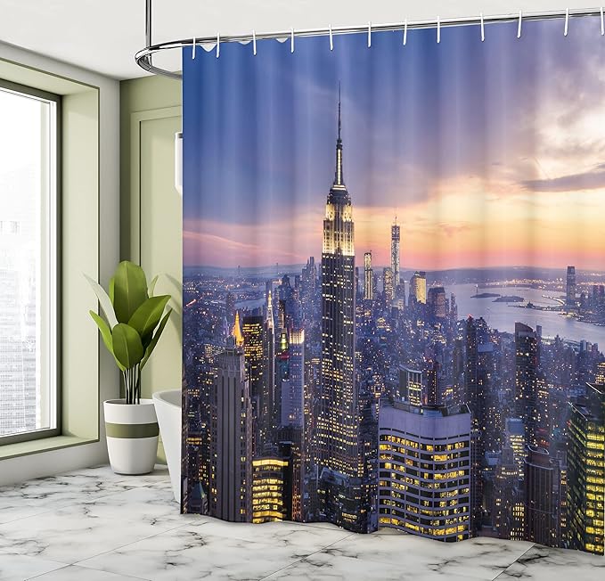 Ambesonne Modern Shower Curtain, New York City Skyline with Skyscrapers at Sunset Night American Urban Life Image, Cloth Fabric Bathroom Decor Set with Hooks, 69" W x 70" L, Orange Blue