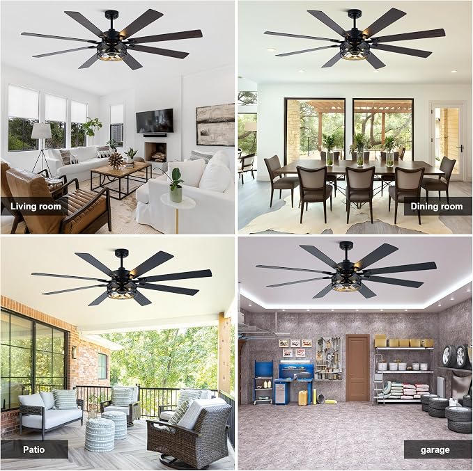72" Farmhouse Ceiling Fan with Lights and Remote Rustic Fandelier | Black Caged Fandalier Ceiling Fan, Industrial Chandelier for Living Room Large Bedroom, Quiet DC Motor 8 Reversible Blades