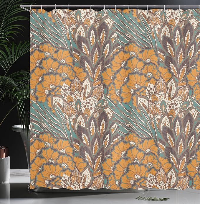 Ambesonne Floral Shower Curtain, Pattern of Flowers and Peacock Feathers Floral Arrangement Art, Cloth Fabric Bathroom Decor Set with Hooks, 69" W x 70" L, Petrol Blue Pale Coffee
