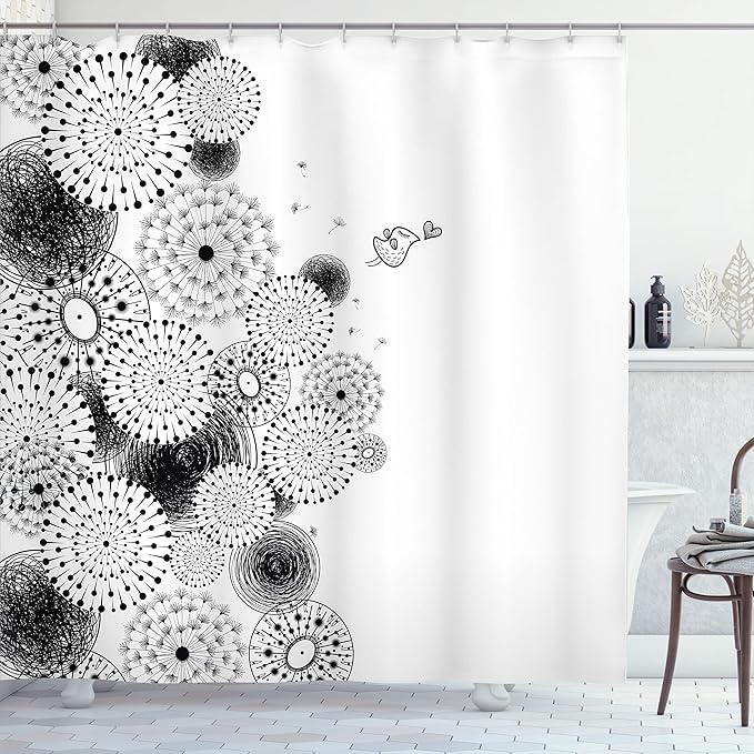 Ambesonne Black and White Shower Curtain, Dandelion Patterns with Circulating Sketchy Lines Bird Lion's Tooth Print, Cloth Fabric Bathroom Decor Set with Hooks, 69" W x 75" L, White Black