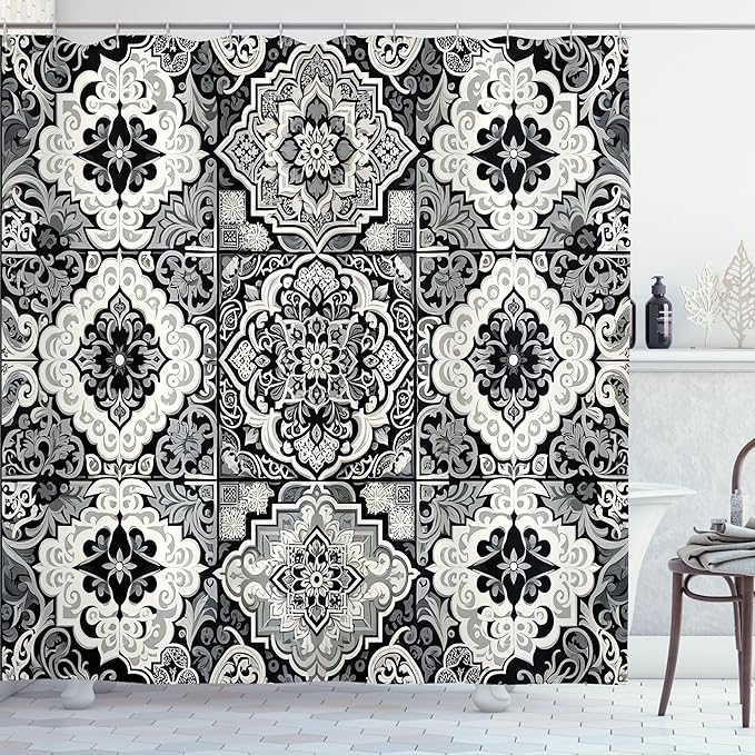 Ambesonne Grey Shower Curtain, Oriental Trippy Art with Moroccan Tile Pattern of Blooming and Curlicue Leaves, Cloth Fabric Bathroom Decor Set with Hooks, 69" W x 84" L, Off White Dimgray
