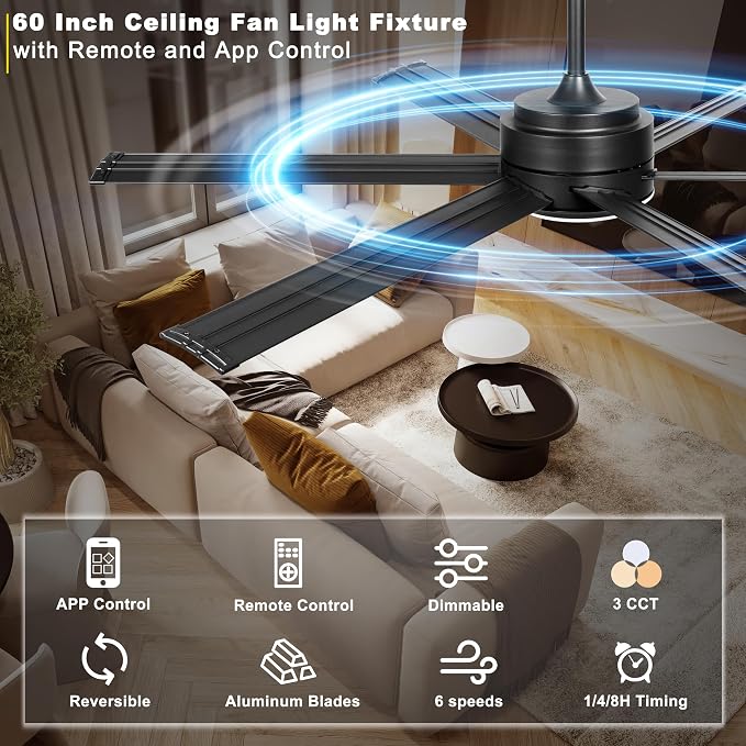 Ohniyou 60" Industrial Ceiling Fan with Lights - Remote & APP Control, Dimmable, DC Motor, Outdoor Fan with Aluminum Blades for Patio Living Room, Black