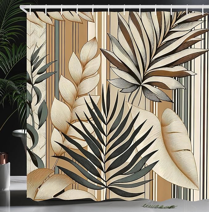 Ambesonne Tan Shower Curtain, Nature Interpretation of Exotic Leaves Illustration Boho Lines Modern Botany, Cloth Fabric Bathroom Decor Set with Hooks, 69" W x 84" L, Grey Teal Pale Taupe
