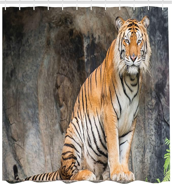 Ambesonne Zoo Shower Curtain, Bengal Tiger Feline Predator Aggressive Hunter Carnivore Africa Savannah, Cloth Fabric Bathroom Decor Set with Hooks, 69" W x 84" L, Pale Brown White Black