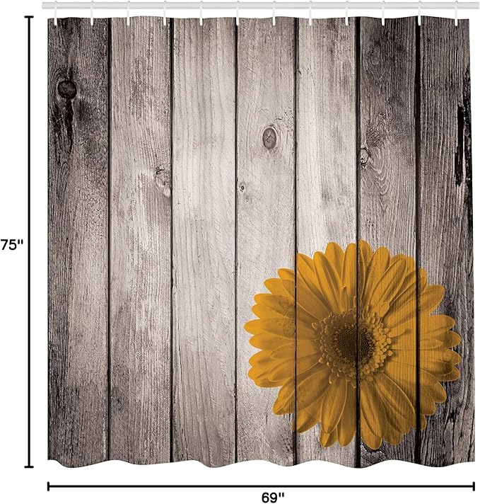 Ambesonne Rustic Shower Curtain, Flower Red Dahlia on Foreground of Murky Featured Dated Wooden Board Retro Art Print, Cloth Fabric Bathroom Decor Set with Hooks, 69" W x 75" L, Pale Sepia