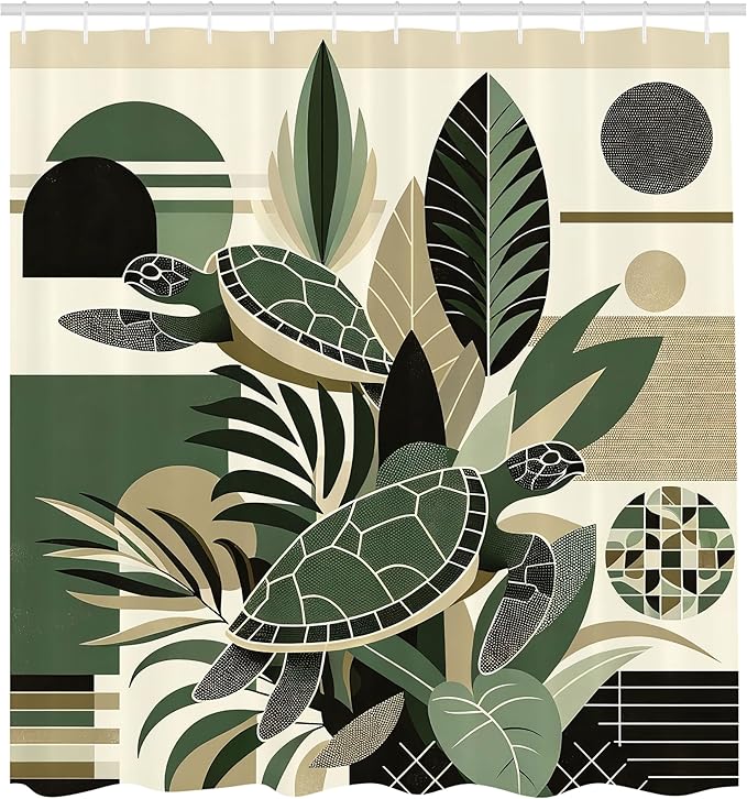 Ambesonne Turtle Shower Curtain, Mid Century Modern Geometric Shapes with Nautical Details Exotic Leaves, Cloth Fabric Bathroom Decor Set with Hooks, 69" W x 70" L, Reseda Green Pale Tan