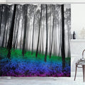 Ambesonne Forest Shower Curtain, Mystical Fantasy Woodland Under Heavy Fog Tall Trees Bushes Contrast Colors, Cloth Fabric Bathroom Decor Set with Hooks, 69" W x 70" L, Blue Green