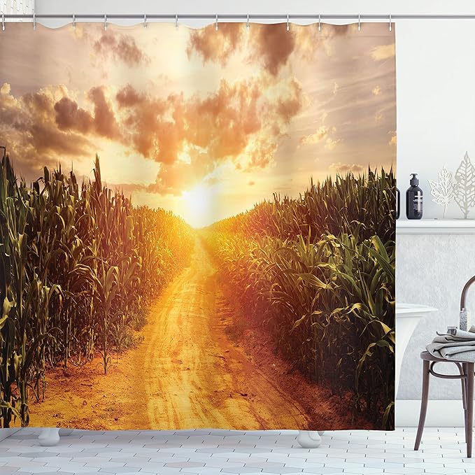 Ambesonne Country Shower Curtain, Horizon and Corn Field Last Sun Rays of The Day Earth and Sky Scenic Picture, Cloth Fabric Bathroom Decor Set with Hooks, 69" W x 70" L, Marigold Green