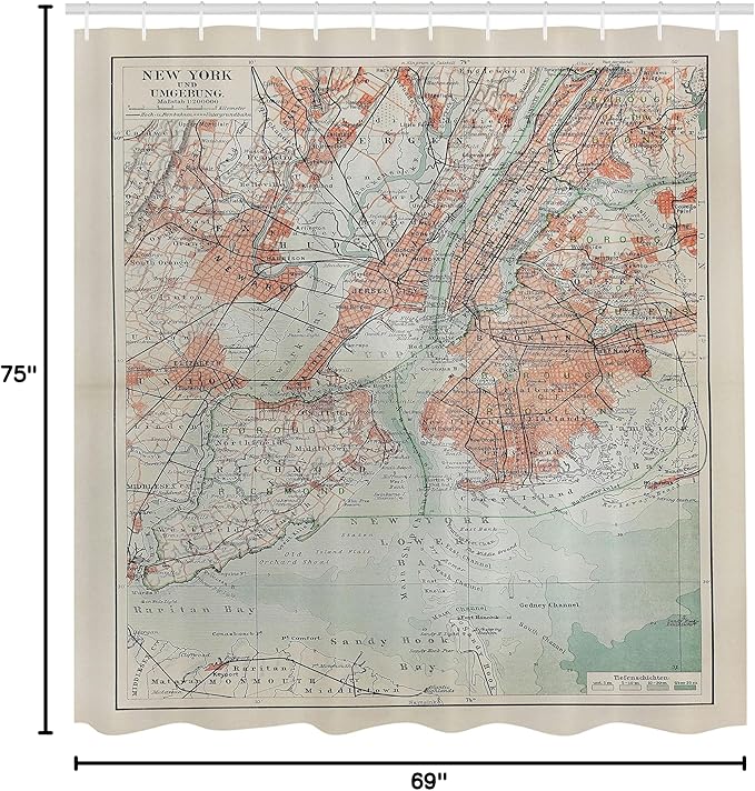 Ambesonne NYC Shower Curtain, New York Old Map from End of 19th Century History Historical Antiques, Cloth Fabric Bathroom Decor Set with Hooks, 69" W x 75" L, Turquoise Beige