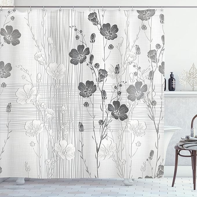 Ambesonne Flower Shower Curtain, Blooming Buds and Hibiscus Flowers with Simple Striped and Crossed Pattern Print, Cloth Fabric Bathroom Decor Set with Hooks, 69" W x 75" L, Ivory Grey