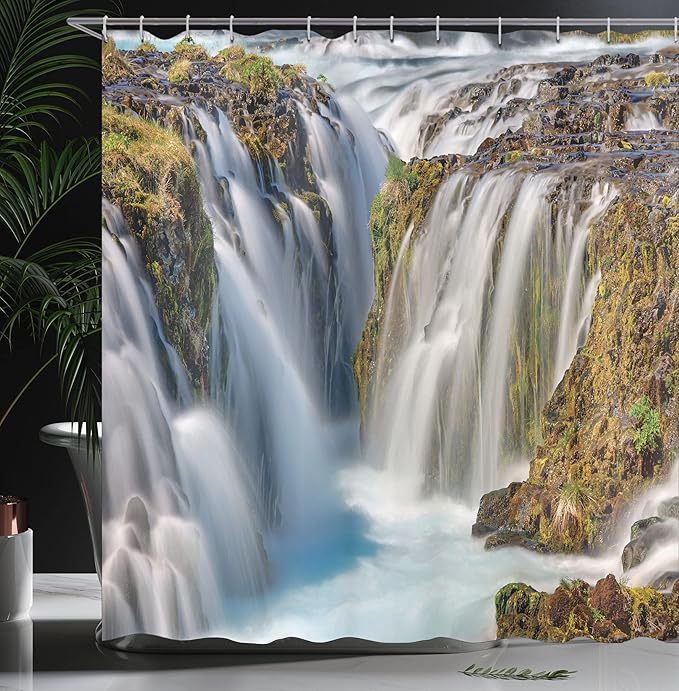 Ambesonne Waterfall Shower Curtain, Bruarfoss Waterfall in Iceland River Landscape and Wild Nature Image, Cloth Fabric Bathroom Decor Set with Hooks, 69" W x 70" L, Green White