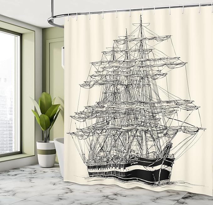 Ambesonne Pirate Ship Shower Curtain, Sailing Boat Detailed Illustration Nautical Maritime Theme Vintage Style Art, Cloth Fabric Bathroom Decor Set with Hooks, 69" W x 70" L, Cream Black