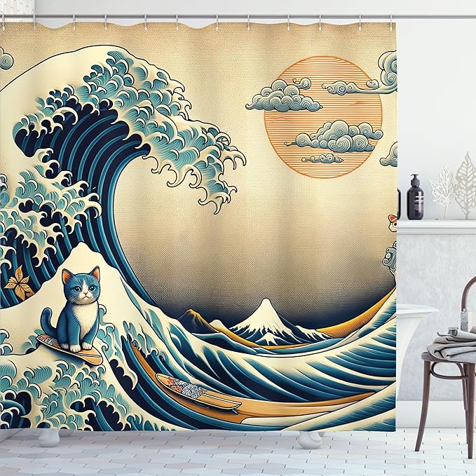 Ambesonne Funny Shower Curtain, Classic Japanese Waves Illustration Featuring Surfing Happy Cat Boho Asian, Cloth Fabric Bathroom Decor Set with Hooks, 69" W x 75" L, Sand Brown Sea Blue