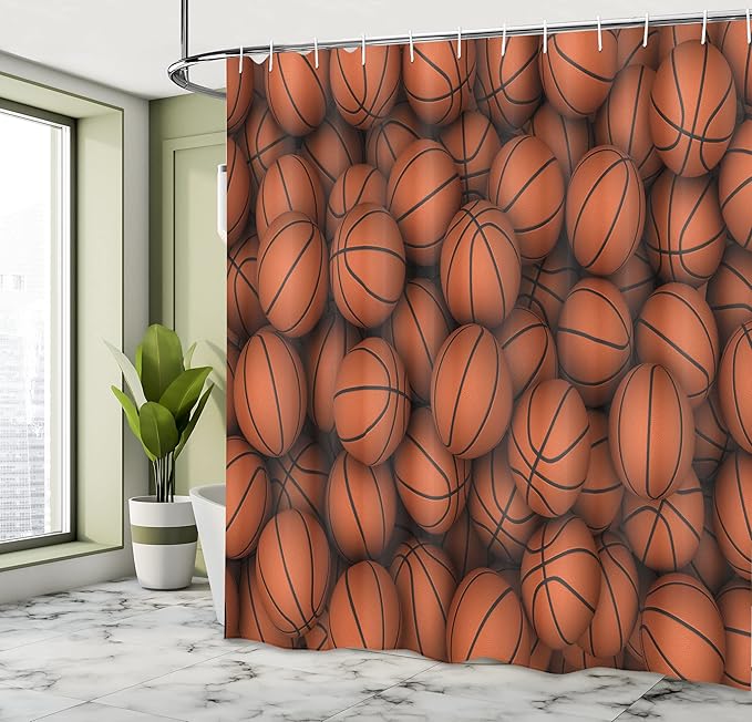 Ambesonne Sports Shower Curtain, Basketballs Graphic Slam Practice Athletic Events and Hobby Concept Digital Look Illustration, Cloth Fabric Bathroom Decor Set with Hooks, 69" W x 75" L, Orange Black