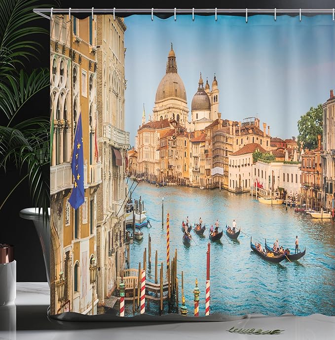 Ambesonne Scenery Shower Curtain, Gondolas on The Canal Grande Sunset in Venice City Romantic View Image Print, Cloth Fabric Bathroom Decor Set with Hooks, 69" W x 70" L, Blue and Tan