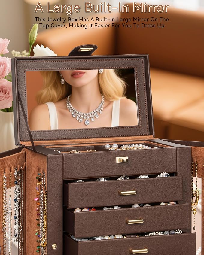 AKOZLIN 6-Tier Jewelry Box Organizer Functional 5 Drawers Leather Jewelry Storage Case for Women Girls Ring Necklace Earring Bracelet Holder Organizer with Mirror XL Brown 360° Rotating