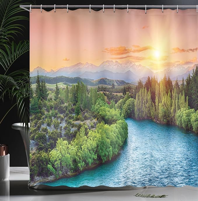 Ambesonne Eastern Shower Curtain, Sunset Over Bend of The River Clutha Alps Peaks on Horizon New Zealand, Cloth Fabric Bathroom Decor Set with Hooks, 69" W x 75" L, Apple Green