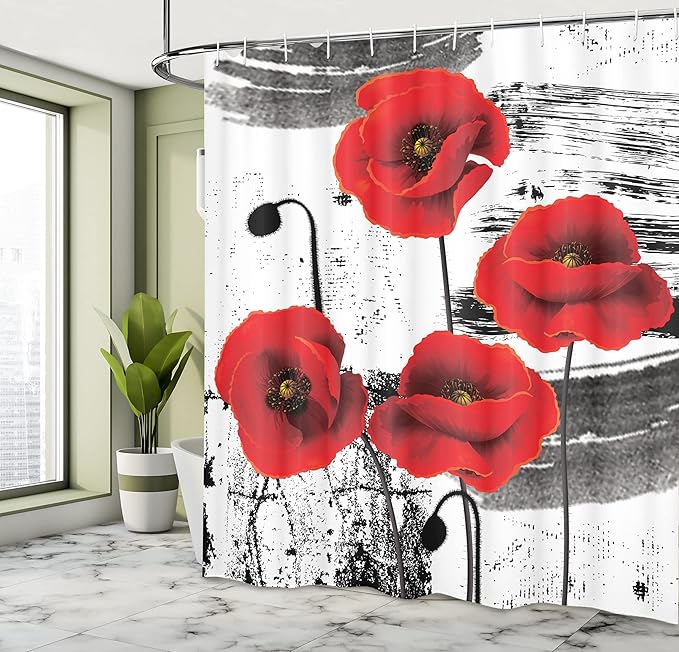 Ambesonne Poppy Flower Shower Curtain, Composition of Blossomings with Grunge Brush Background, Cloth Fabric Bathroom Decor Set with Hooks, 69" W x 70" L, Vermilion Grey