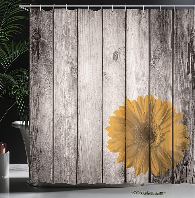 Ambesonne Rustic Shower Curtain, Flower Red Dahlia on Foreground of Murky Featured Dated Wooden Board Retro Art Print, Cloth Fabric Bathroom Decor Set with Hooks, 69" W x 75" L, Pale Sepia