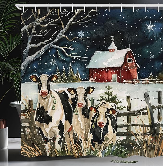 Ambesonne Christmas Shower Curtain, Snowy Xmas Eve Countryside Barn and Cows Vintage Illustration, Cloth Fabric Bathroom Decor Set with Hooks, 69" W x 84" L, Beige Pale Grey and Pale Ruby