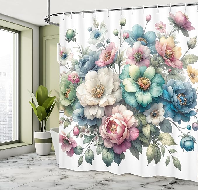 Ambesonne Floral Shower Curtain, Whimsical Cottagecore Colorful Peony Flowers Arrange on Plain Backdrop, Cloth Fabric Bathroom Decor Set with Hooks, 69" W x 70" L, Coconut Teal Multicolor