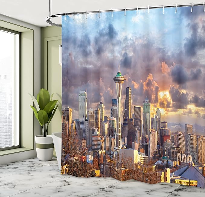 Ambesonne USA Shower Curtain, Seattle Skyline at Sunset WA United States Beams Through Dramatic Cloudscape Scenery, Cloth Fabric Bathroom Decor Set with Hooks, 69" W x 84" L, Blue Grey