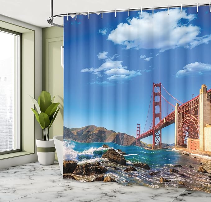 Ambesonne Landscape Shower Curtain, San Francisco Golden Gate Bridge Rocky Sea Waterscape Scenic Coastline Vacation, Cloth Fabric Bathroom Decor Set with Hooks, 69" W x 70" L, Blue